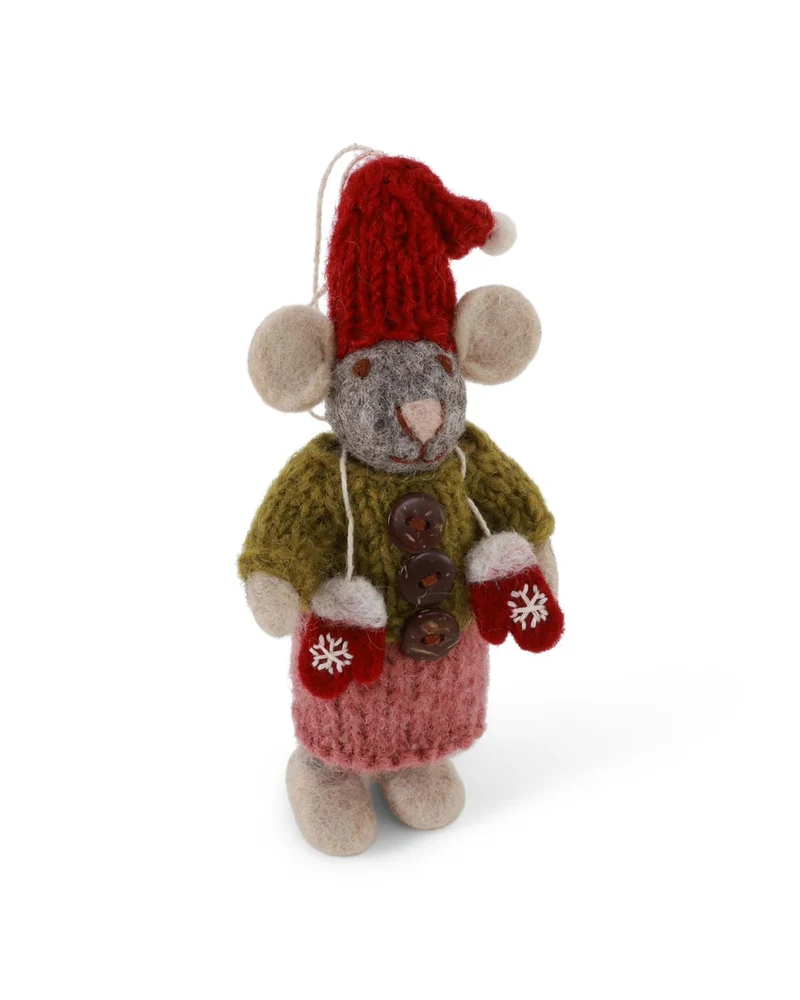 Graue Weihnachtsmaus mit Handschuhen Filz Weihnachtsdeko 12 cm