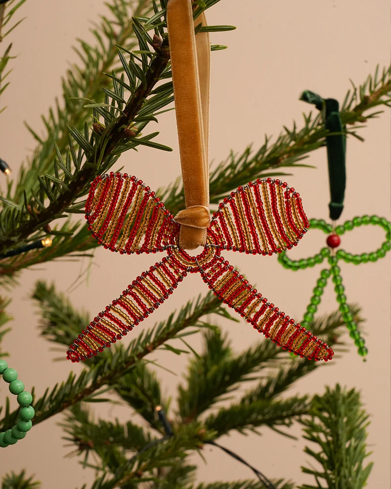 KESI: Hand-beaded Red and Gold Bow Tree Decoration