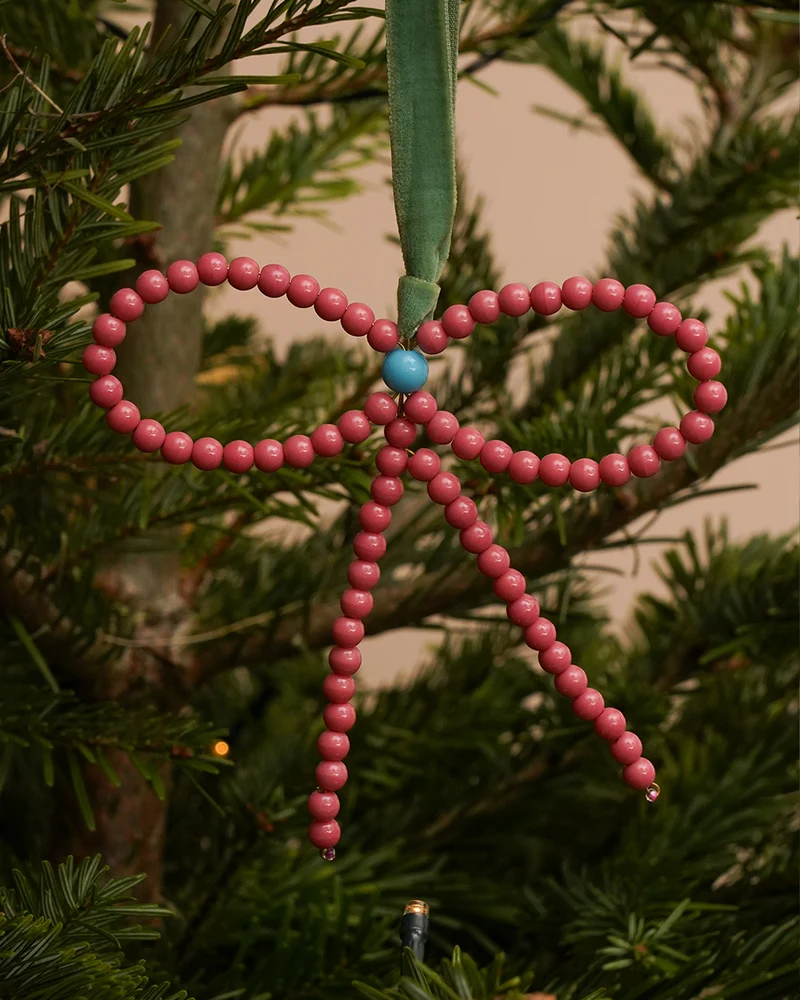 BUNI: Pink and Blue Beaded Christmas Bow Tree Decoration