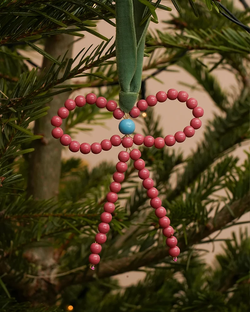 BUNI: Pink and Blue Beaded Christmas Bow Tree Decoration