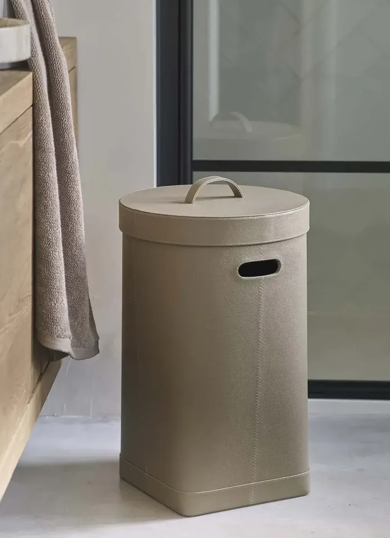 Wäschetonne mit Decke aus Echtleder Lotus Taupe
