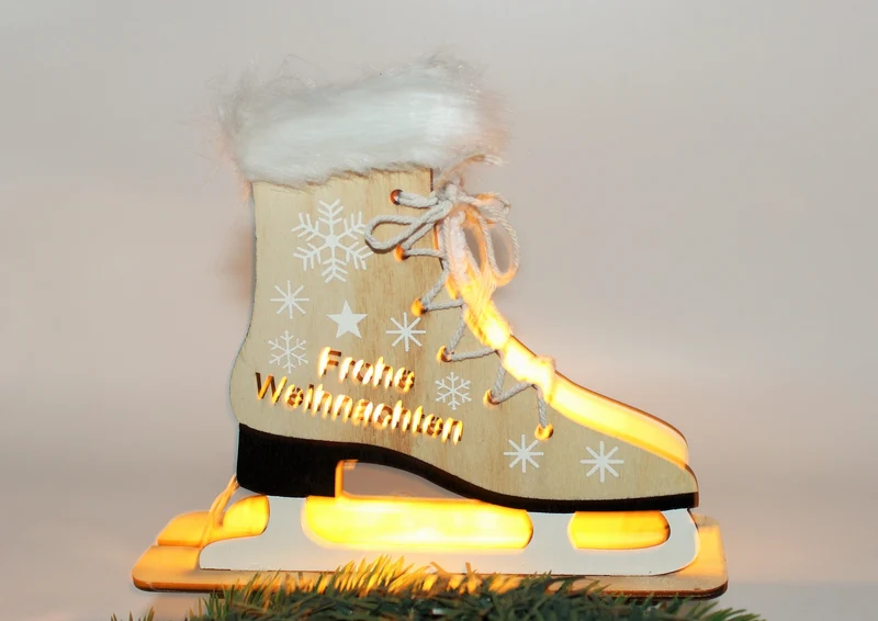 LED Deko-Leuchte "Schlittschuh", Naturmaterial, Winterdekoration, Weihnachtsdeko