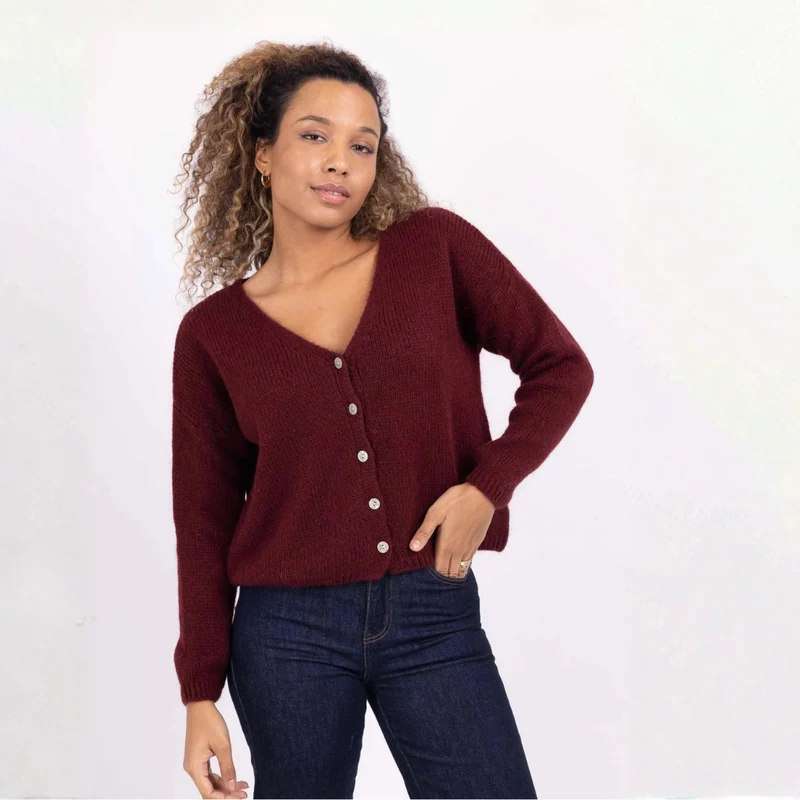 Strickjacke - MINNA - Mohair Wolle - dunkelrot