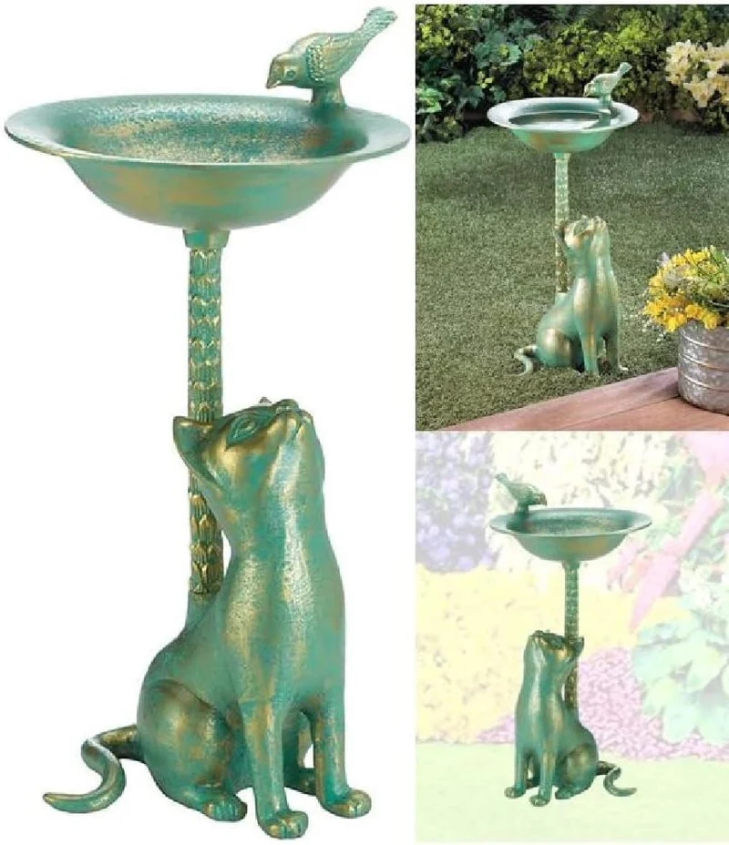 Vogeltränke "Katze & Vogel", Vogelbad, Antik-Finish, 50 cm hoch