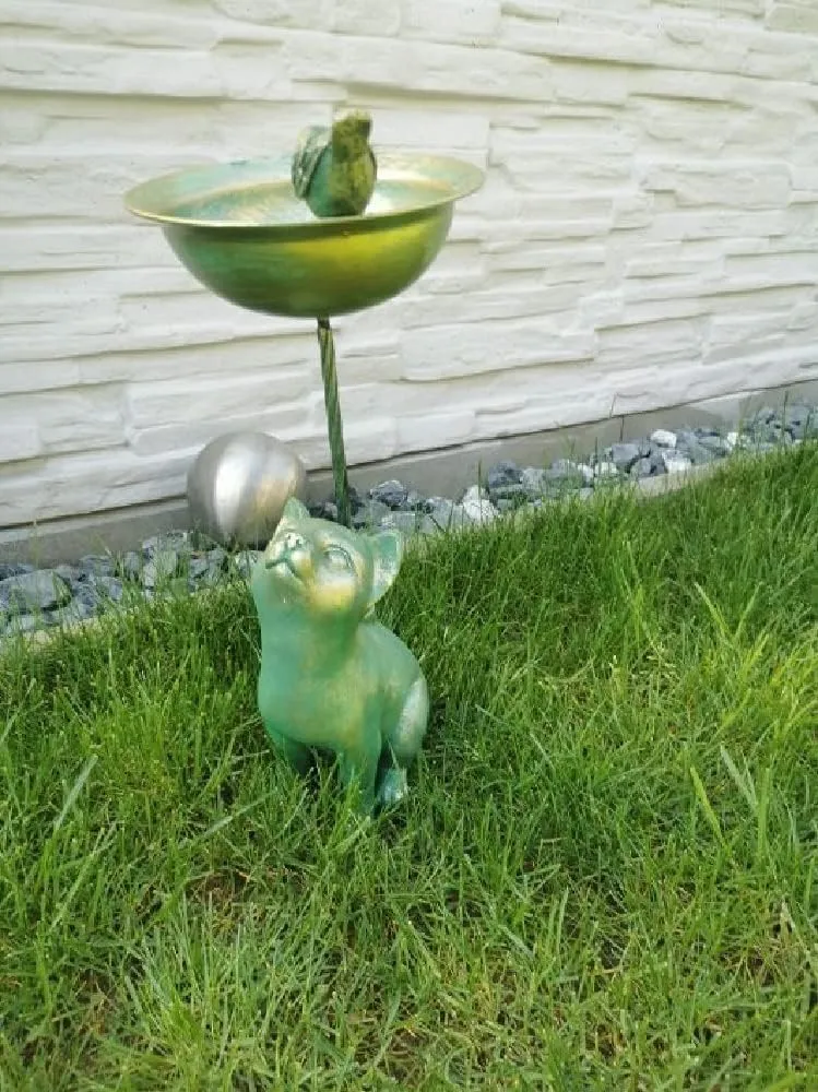 Vogeltränke "Katze & Vogel", Vogelbad, Antik-Finish, 50 cm hoch
