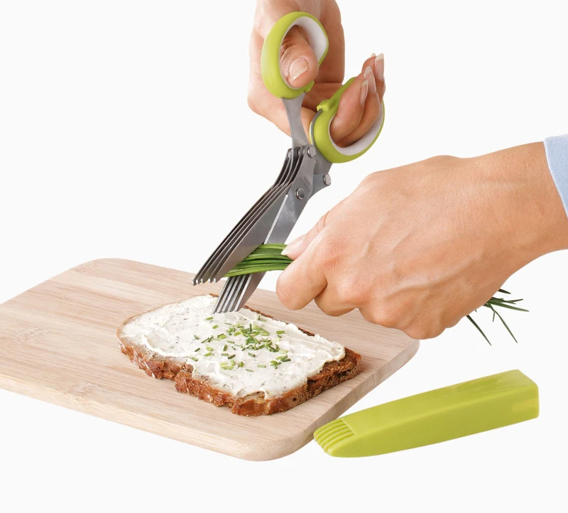 Kräuterschere mit 5fach-Klinge und Reinigungsbürste, Küchentimer Tomate, 2er Set, Eieruhr,