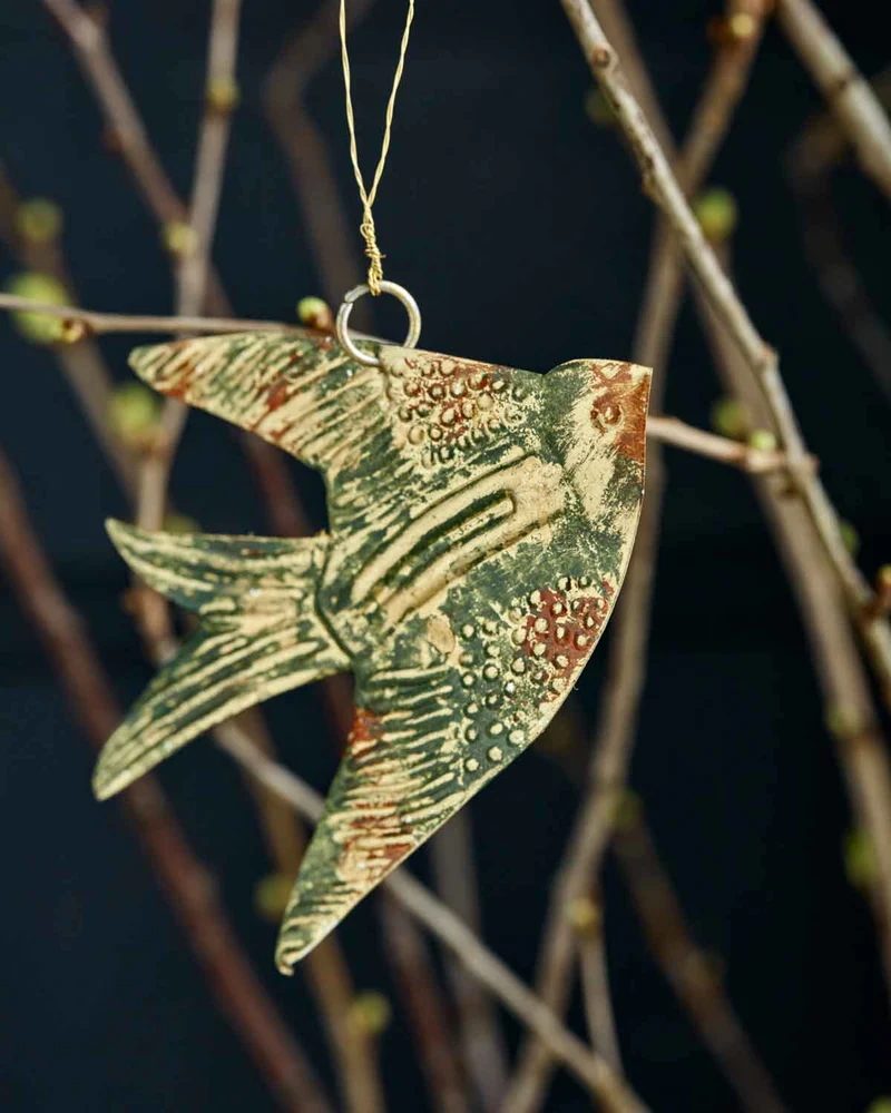 Vogel Anhänger Eisen Frühlingsdeko Gold/Grün 12 cm