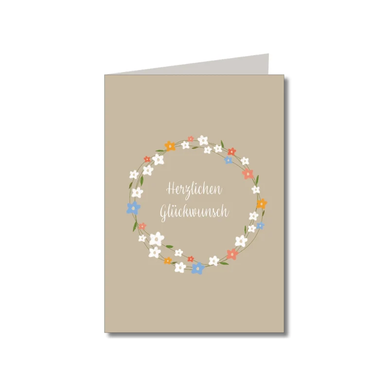 Klappkarte m. Umschlag - Herzlichen Glückwunsch Blumenkranz beige