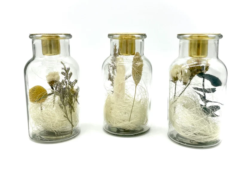 Teelichthalter im Glas, Motiv Trockenblumen, Dekoration