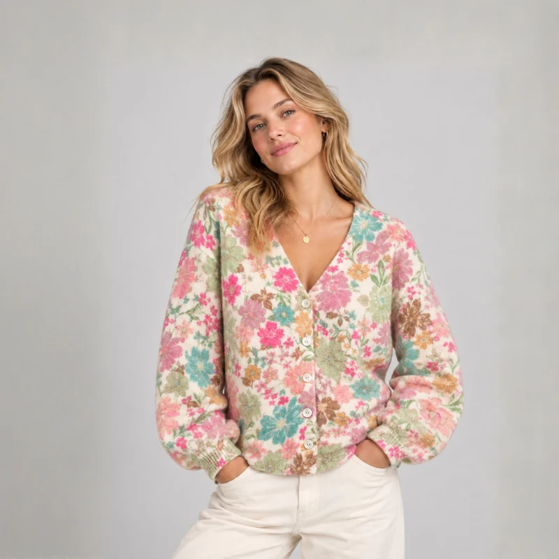 Strickjacke - Wolle - Blumenwiese