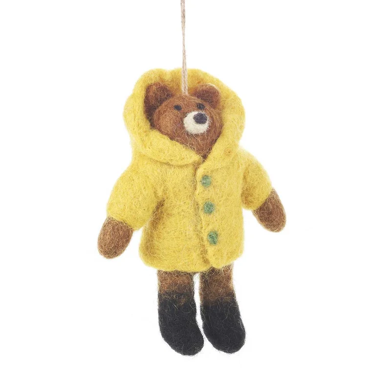 Bär im Regenmantel Filz Dekoration Braun 12 cm