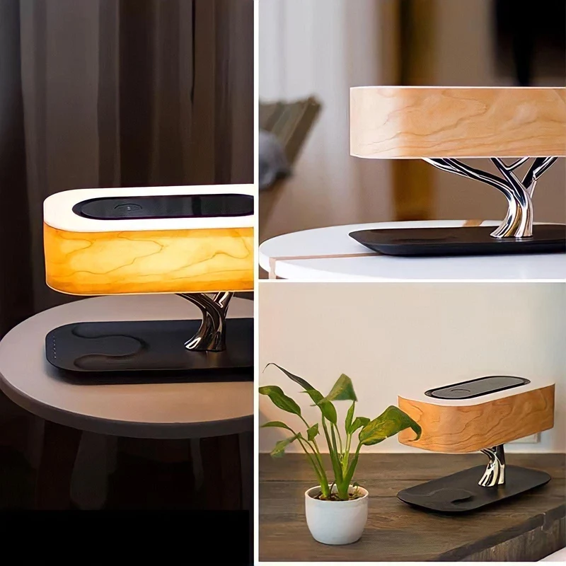 Designer Tischlampe Lautsprecher Kombi Baum-Optik