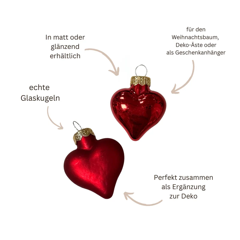 Mini-Weihnachtskugeln - Herz - rot - matt oder glänzend