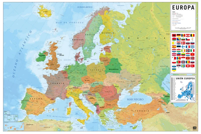 Poster Map of Europe - Physical Politic - Spanisch - 91,5x61cm